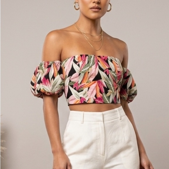 LOFT Tops - LOFT Linen Tropical Top Off Shoulder Puff Sleeves Resortwear Beach NEW